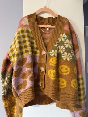 debut Brown Multicolor Patchwork Smiley Cardigan